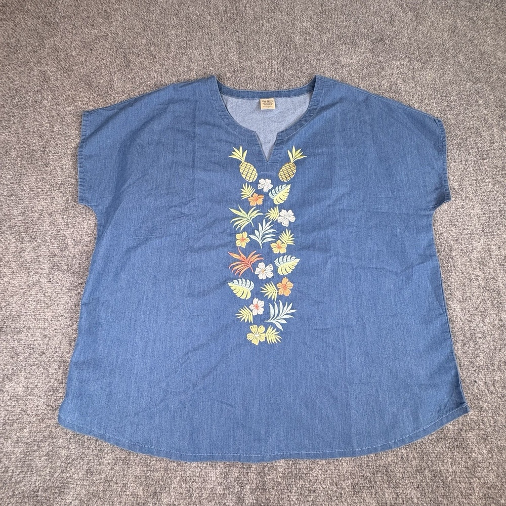Blair Top XL Blue Chambray Floral Embroidered Pineapple Aloha Tropical Boho